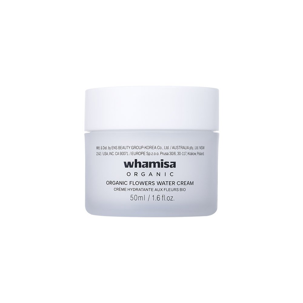 A 50ml white jar of Whamisa Organic Organic Flowers Water Cream on a solid white background.