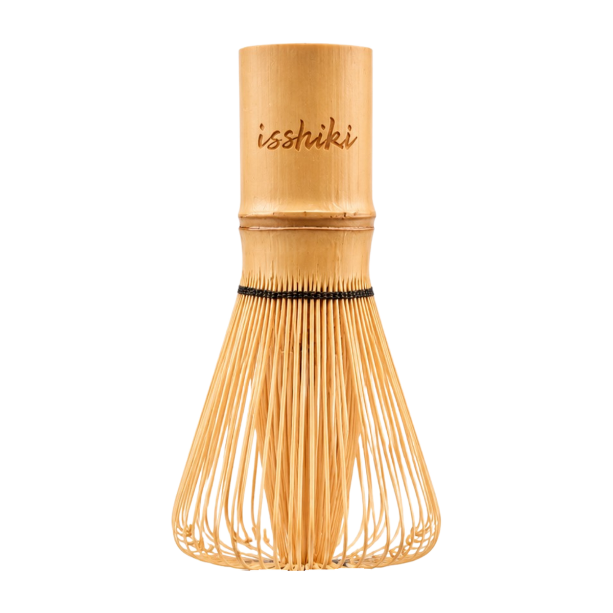 A traditional Japanese bamboo whisk (chashaku) with the brand name 'isshiki' engraved on the wooden handle, set against a solid white background.