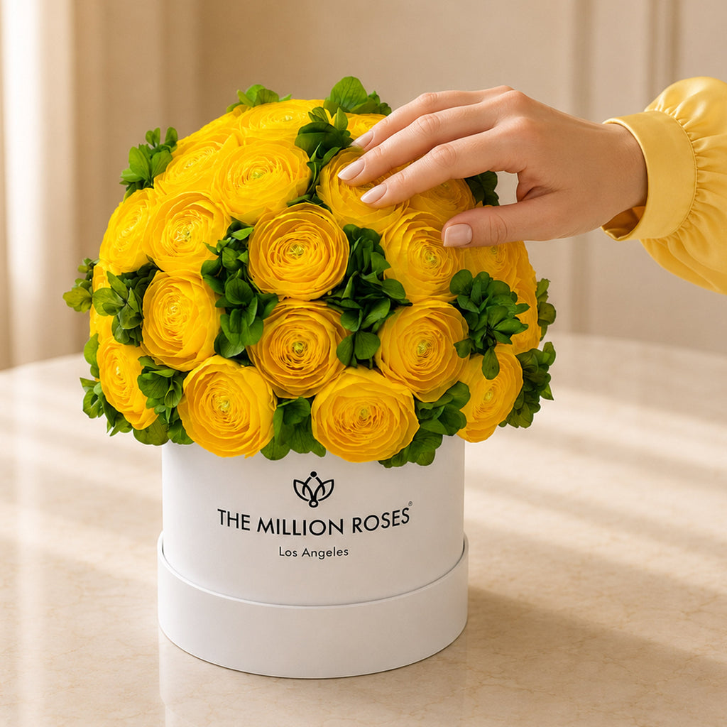 Classic White Box | Yellow Persian Buttercups & Green Hydrangeas
