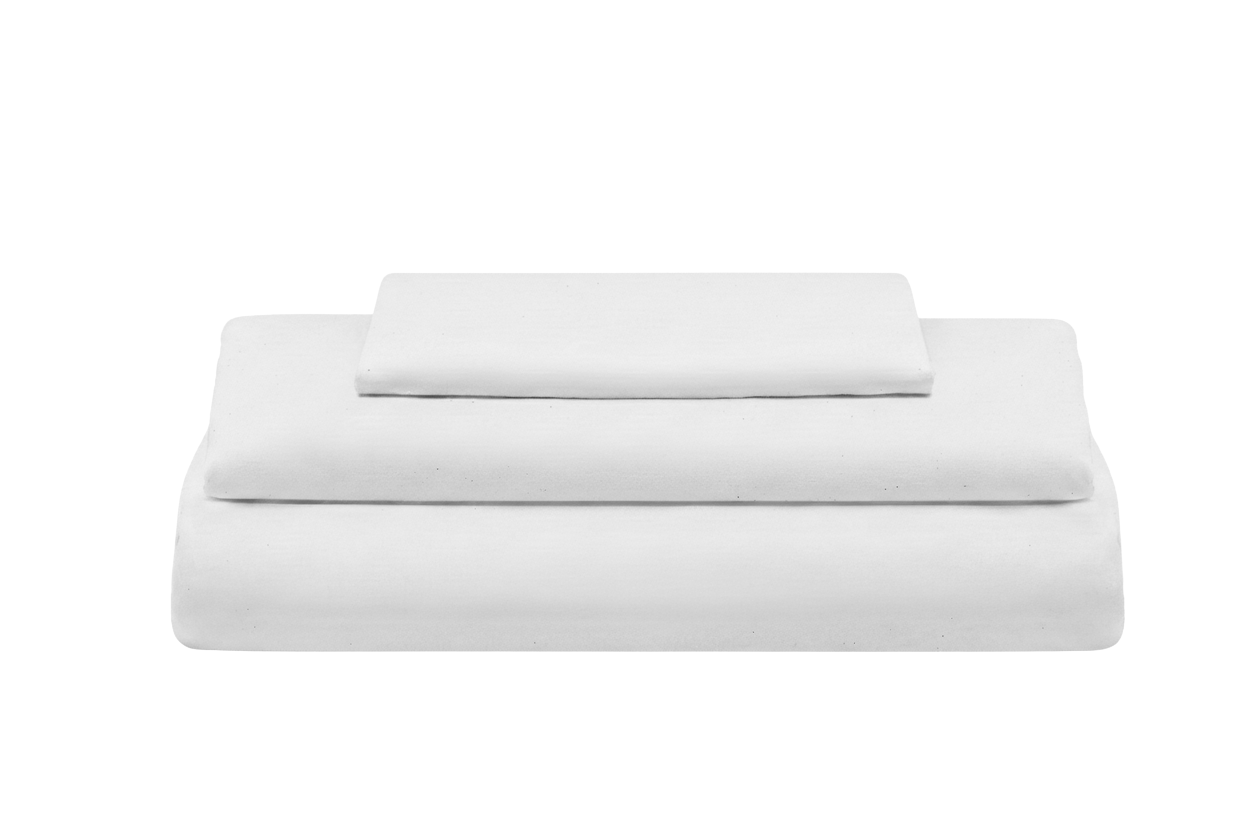 Set of white bed sheets and pillowcases on a white background. Organic Sateen Bed Sheets Set