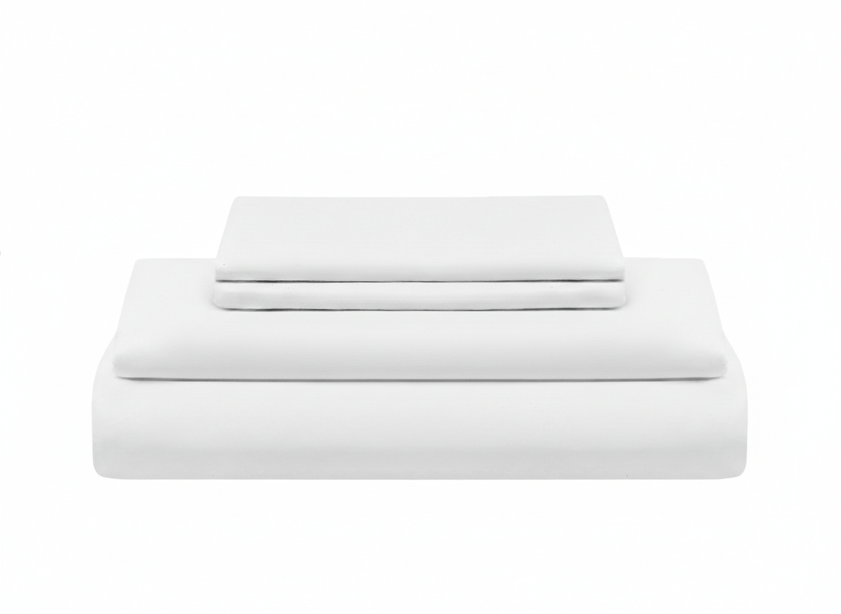Set of white bed sheets and pillowcases on a white background. Organic Sateen Bed Sheets Set