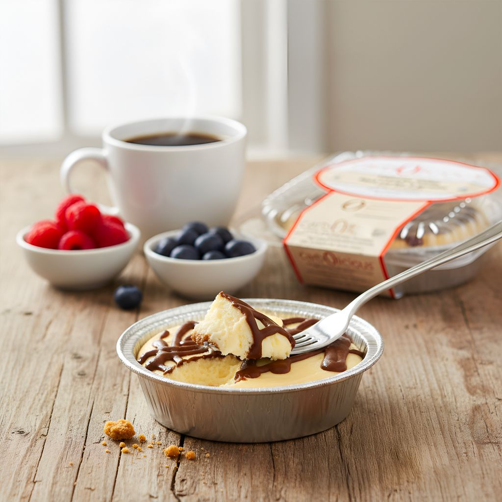 Low-carb, sugar-free cheesecake topped with rich chocolate drizzle in a single-serve aluminum pan, served on a rustic wooden table with fresh raspberries, blueberries, and a hot cup of coffee. Packaged gourmet keto dessert perfect for low-carb, gluten-free, and sugar-free lifestyles.